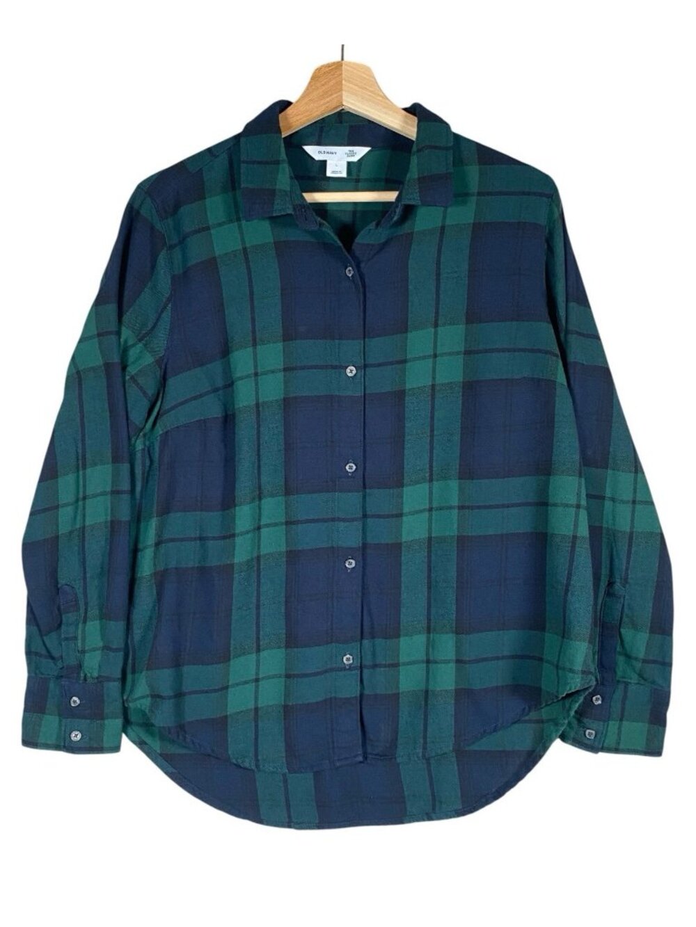 Old Navy Classic Flannel Shirt Women L Blackwatch Green Plaid Cotton Long Sleeve